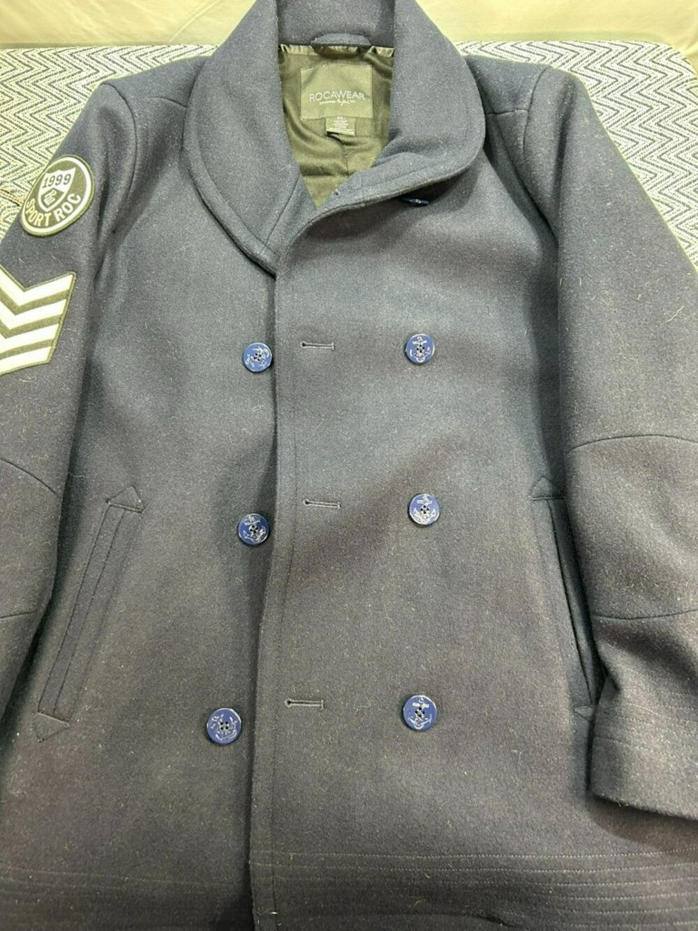 Rocawear Mens Navy Double-Breasted Peacoat 3XL With Sport Roc 1999 Patch & Chevr
